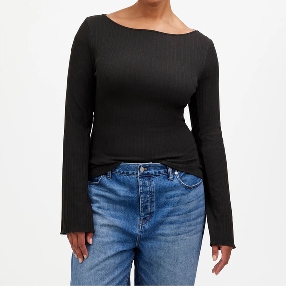 Madewell Ribbed Long-Sleeve Boatneck Top in Jet Black size M NWT NS805 - Picture 1 of 11